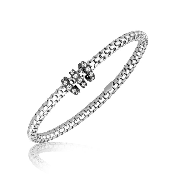 Sterling Silver Rhodium Plated Mesh Bangle with Crystal Accents