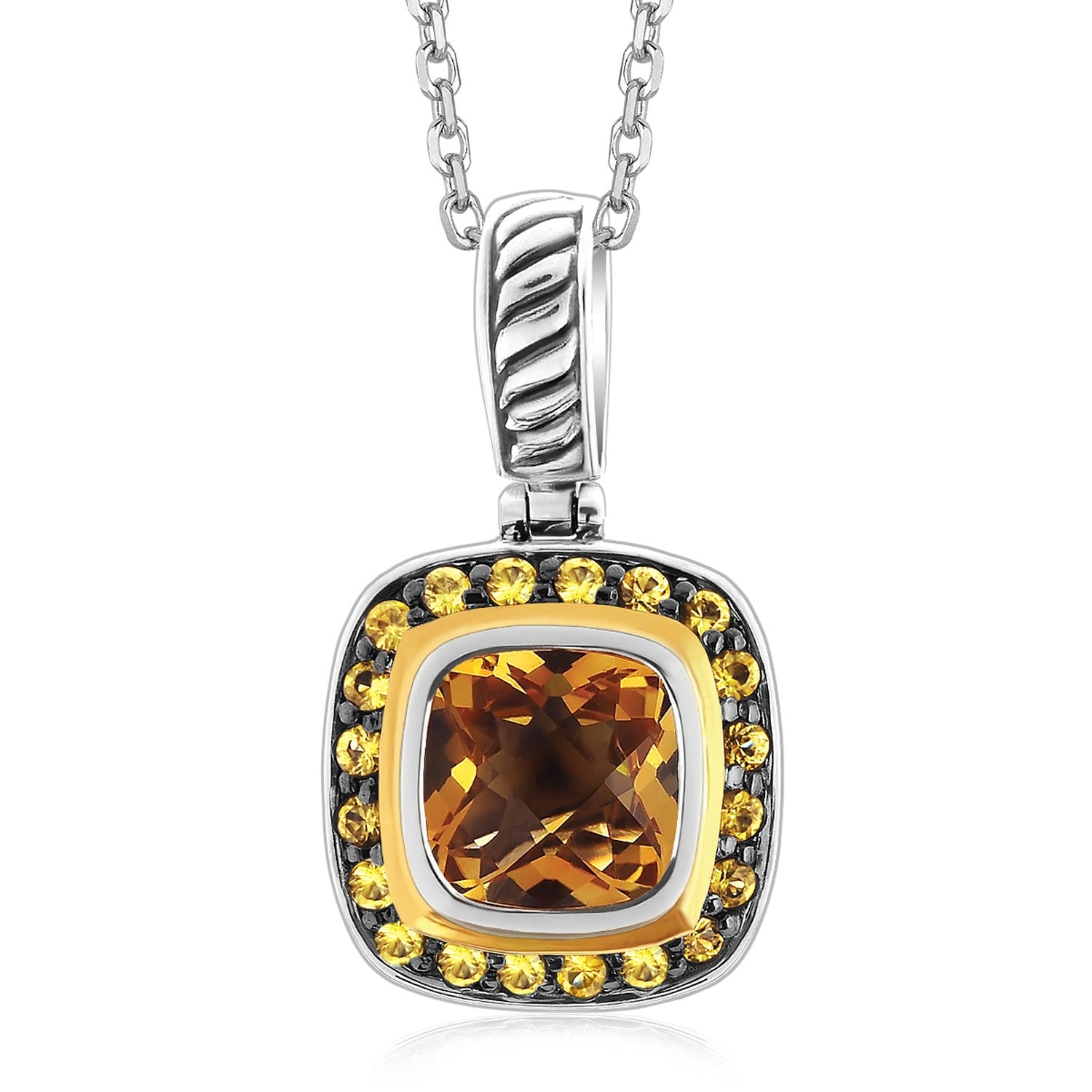 18K Yellow Gold and Sterling Silver Square Pendant with Citrine and Sapphires