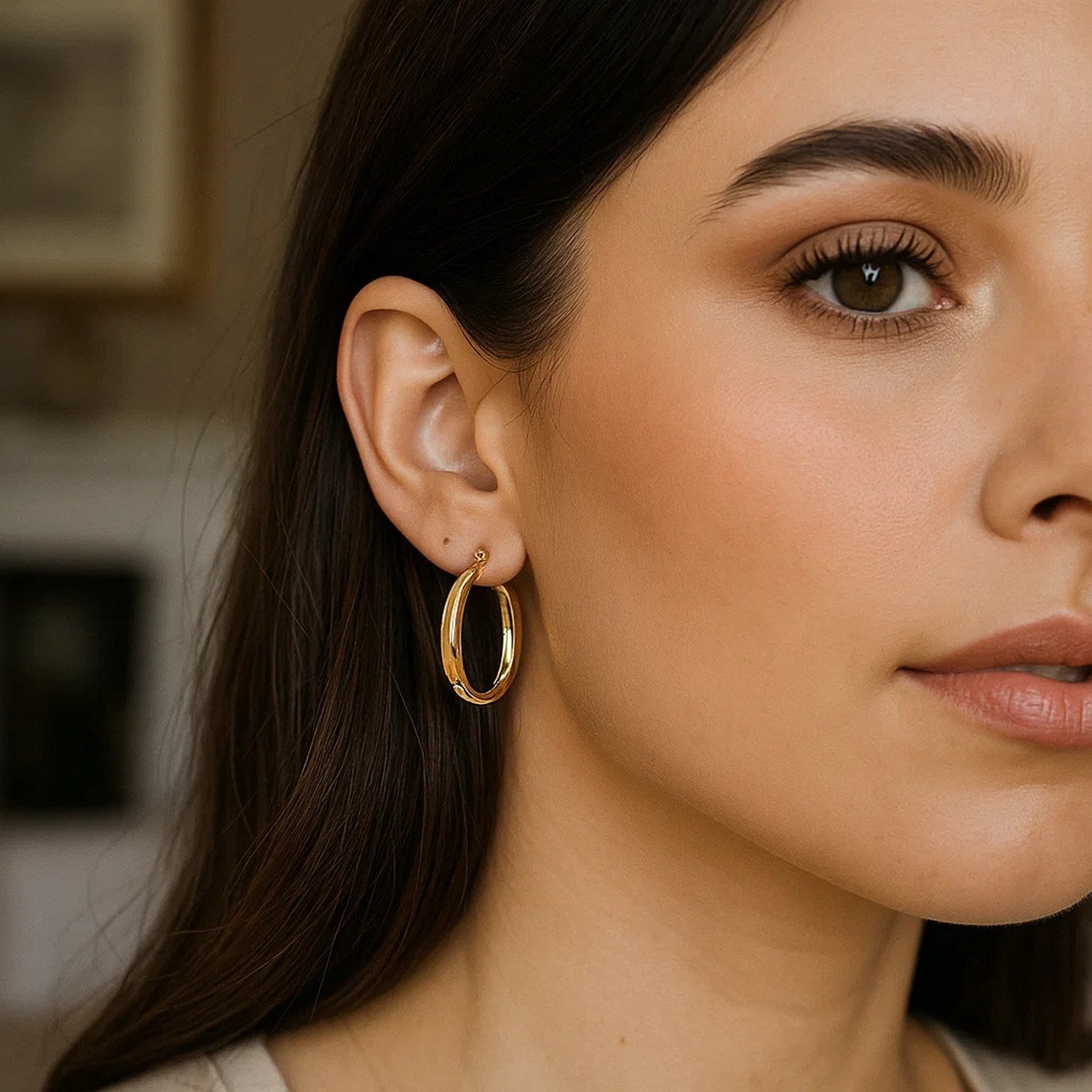 14K Yellow Gold Oval Back to Back Hoop Earrings