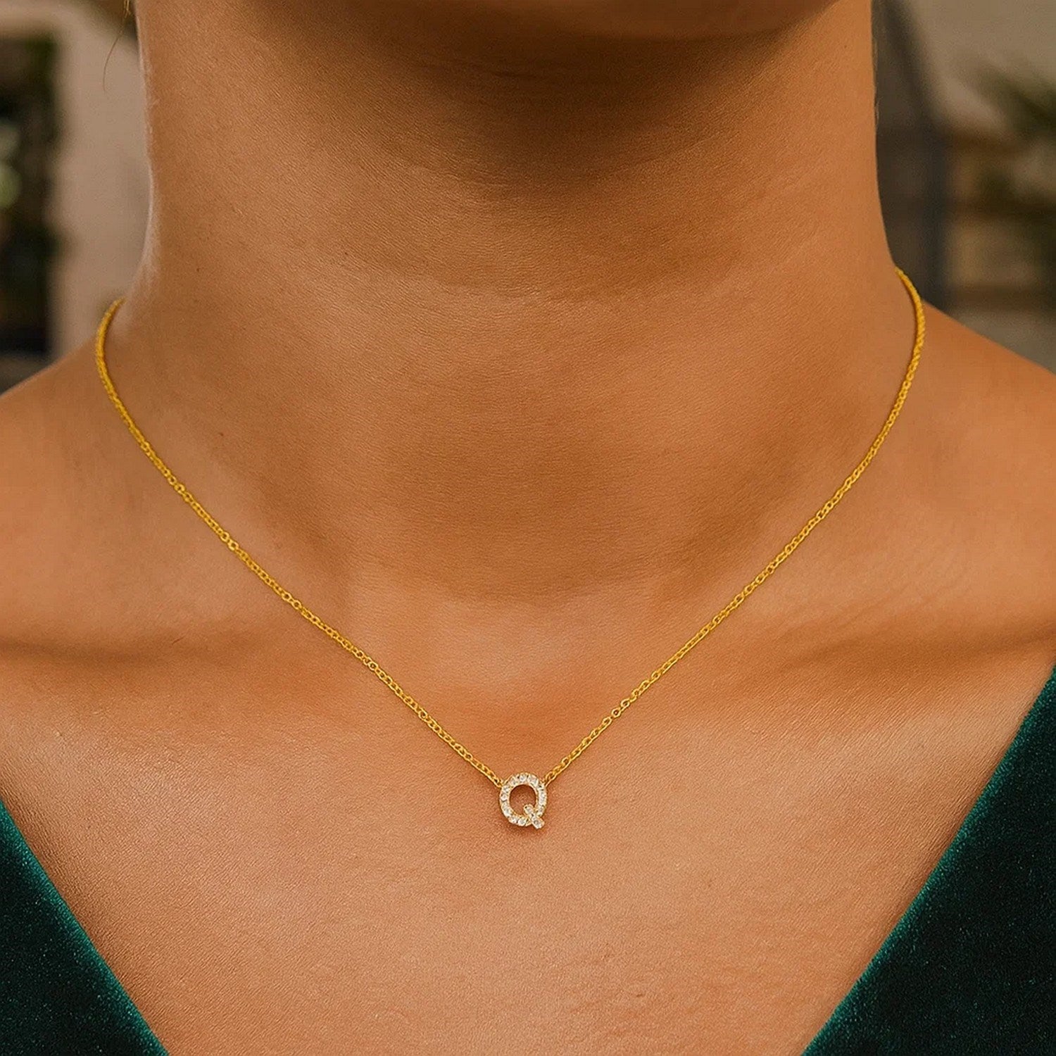 14K Yellow Gold Mini Diamond Q Initial Pendant Necklace