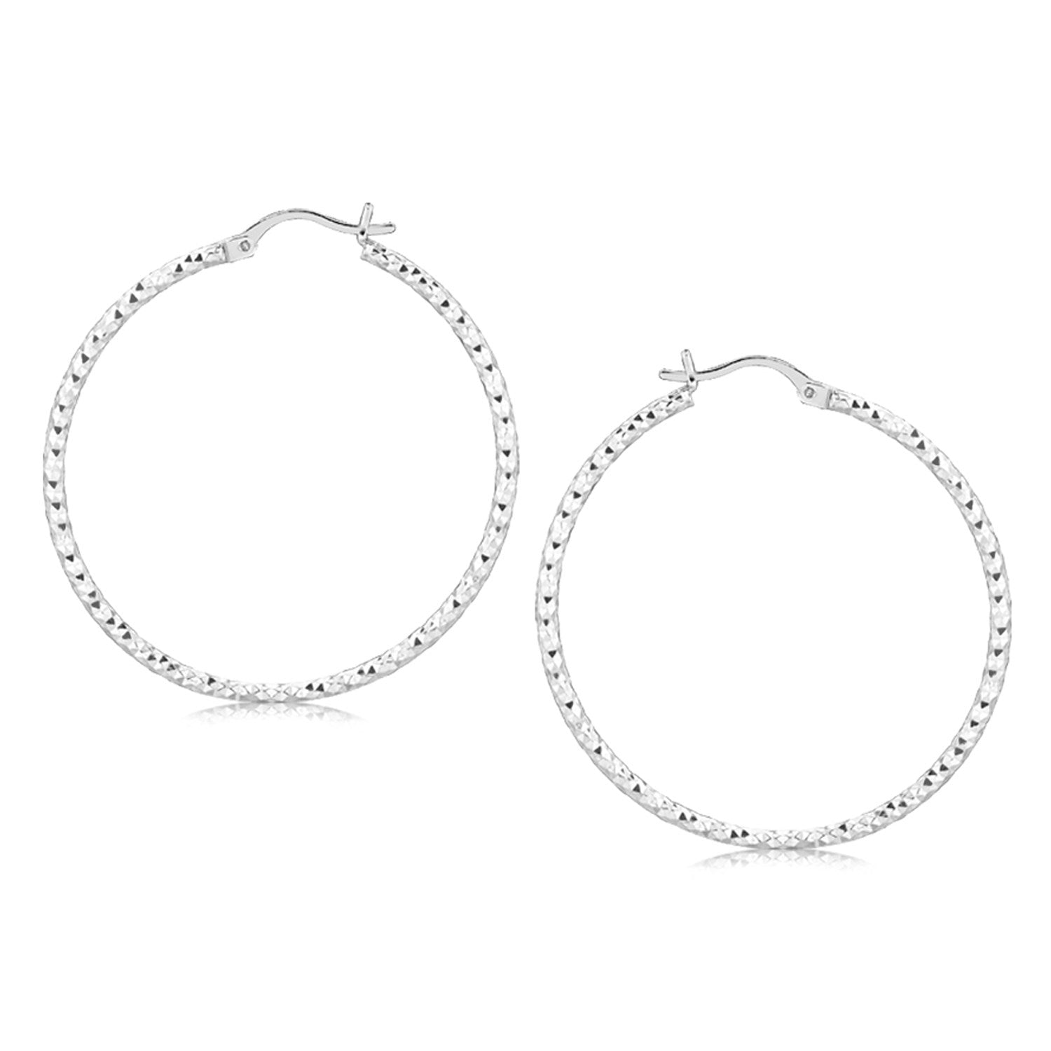 Sterling Silver Rhodium Plated Large Faceted Style Hoop Earrings(2x40mm)