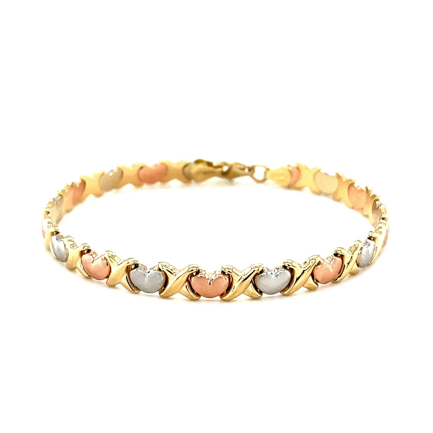 14k Tri-Color Gold Fancy Satin Heart Line Bracelet (6.35 mm)