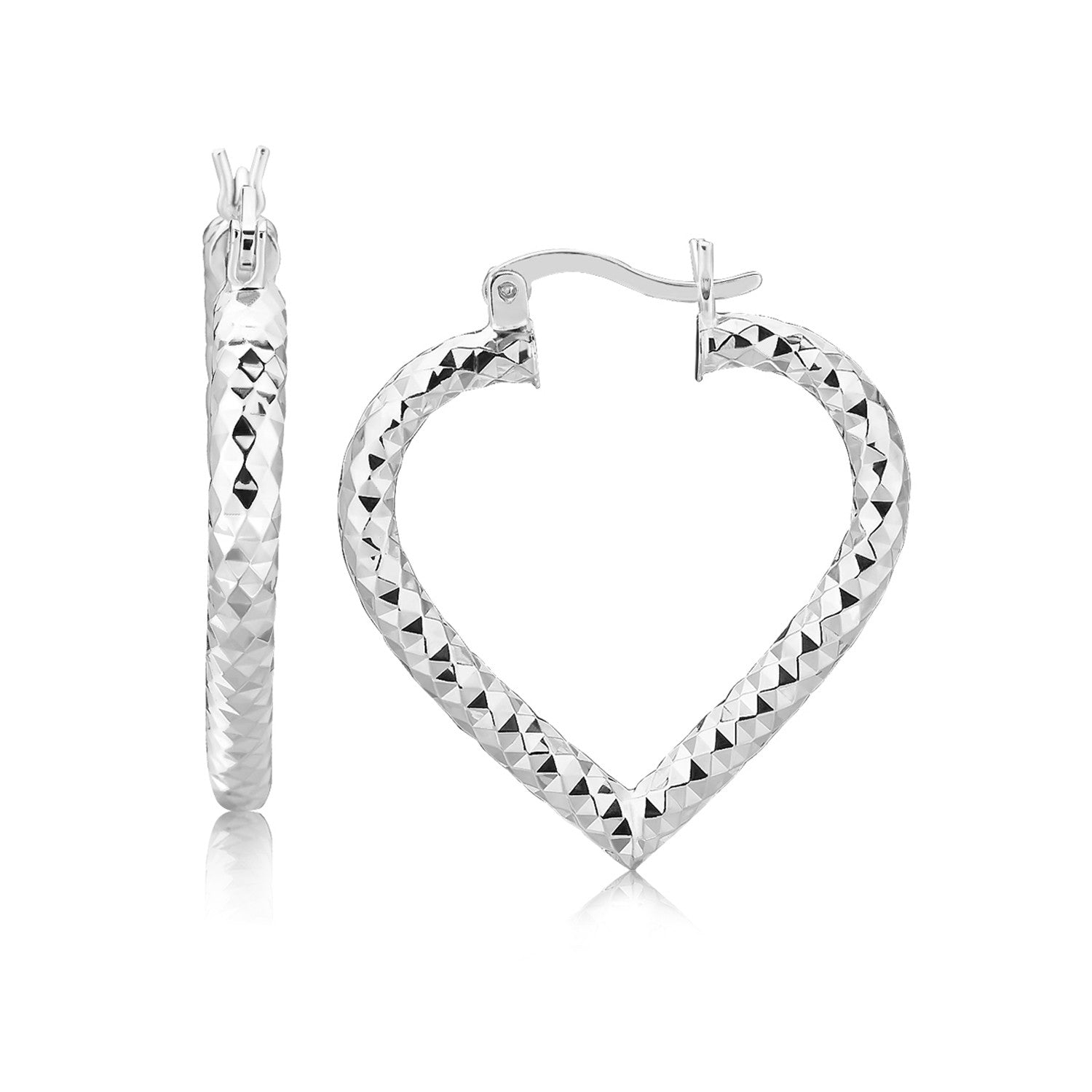 Sterling Silver Rhodium Plated Heart Style Hoop Diamond Cut Earrings(3x22mm)