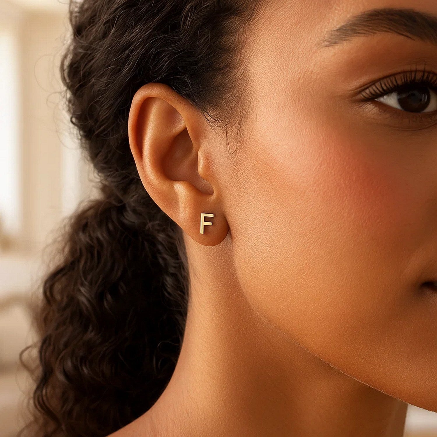 14K Yellow Gold Yours Truly Initial F Stud Earrings