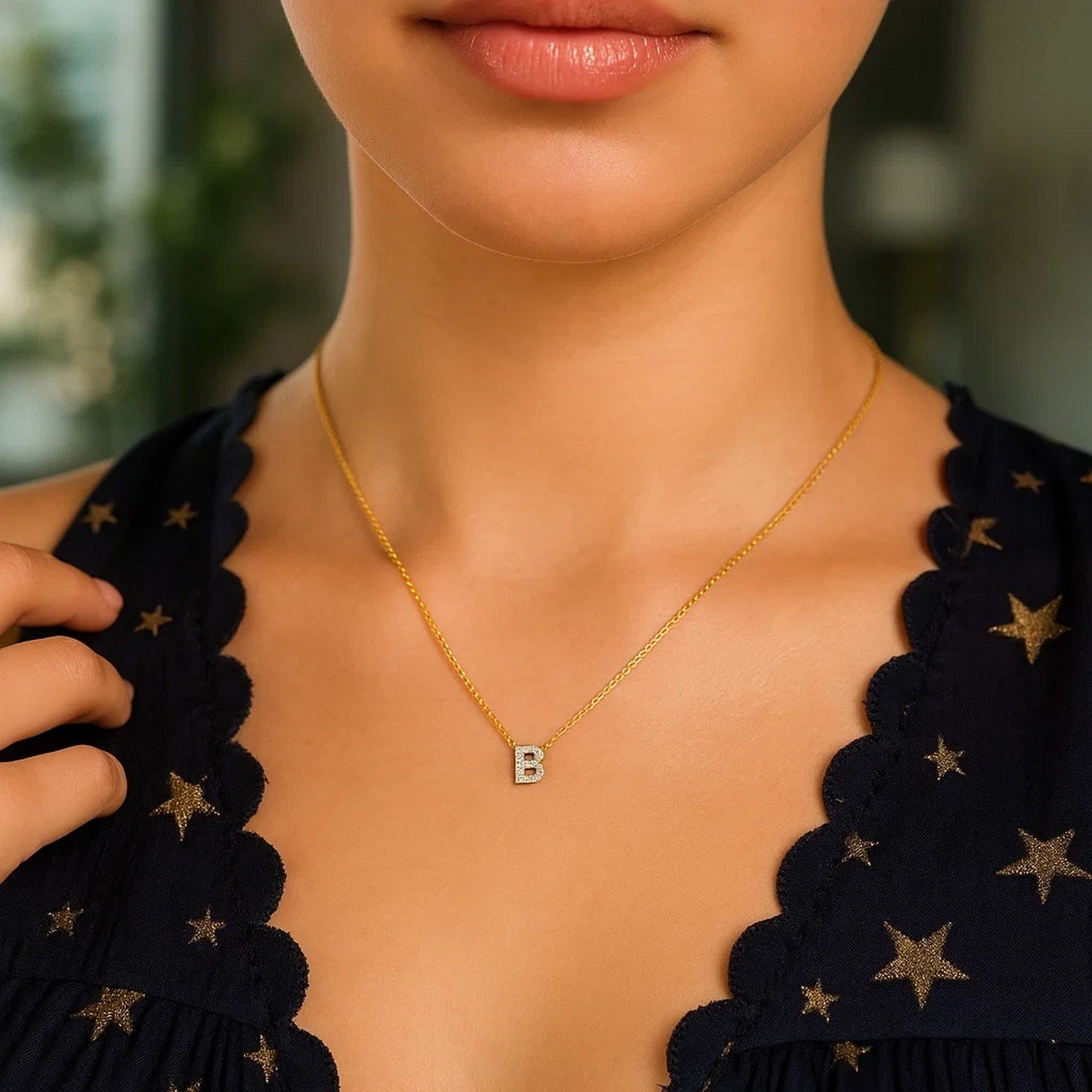 14K Yellow Gold Mini Diamond B Initial Pendant Necklace