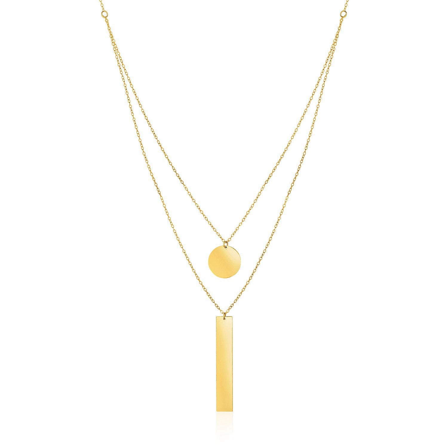 14k Yellow Gold 18 inch Two Strand Necklace with Circle and Bar Pendants