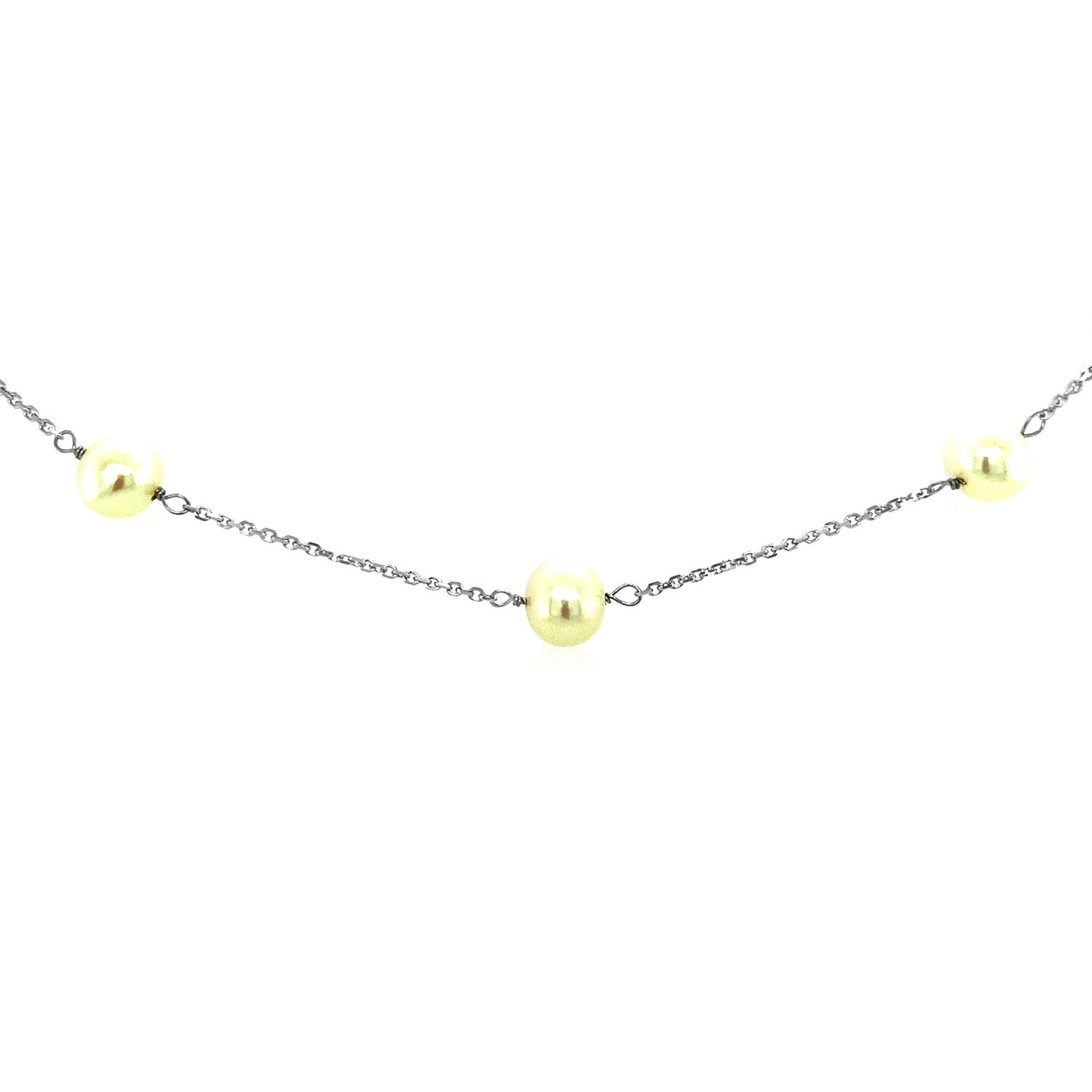 14k White Gold Necklace with White Pearls - Lindove