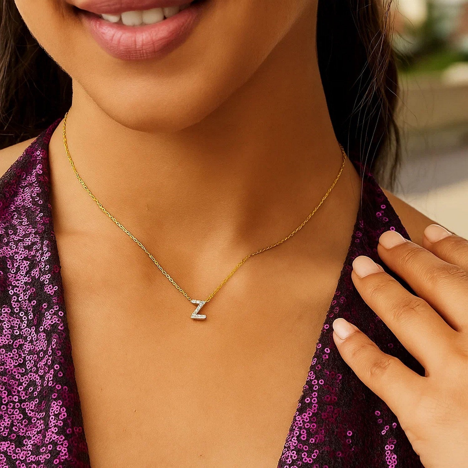 14K Yellow Gold Mini Diamond Z Initial Pendant Necklace