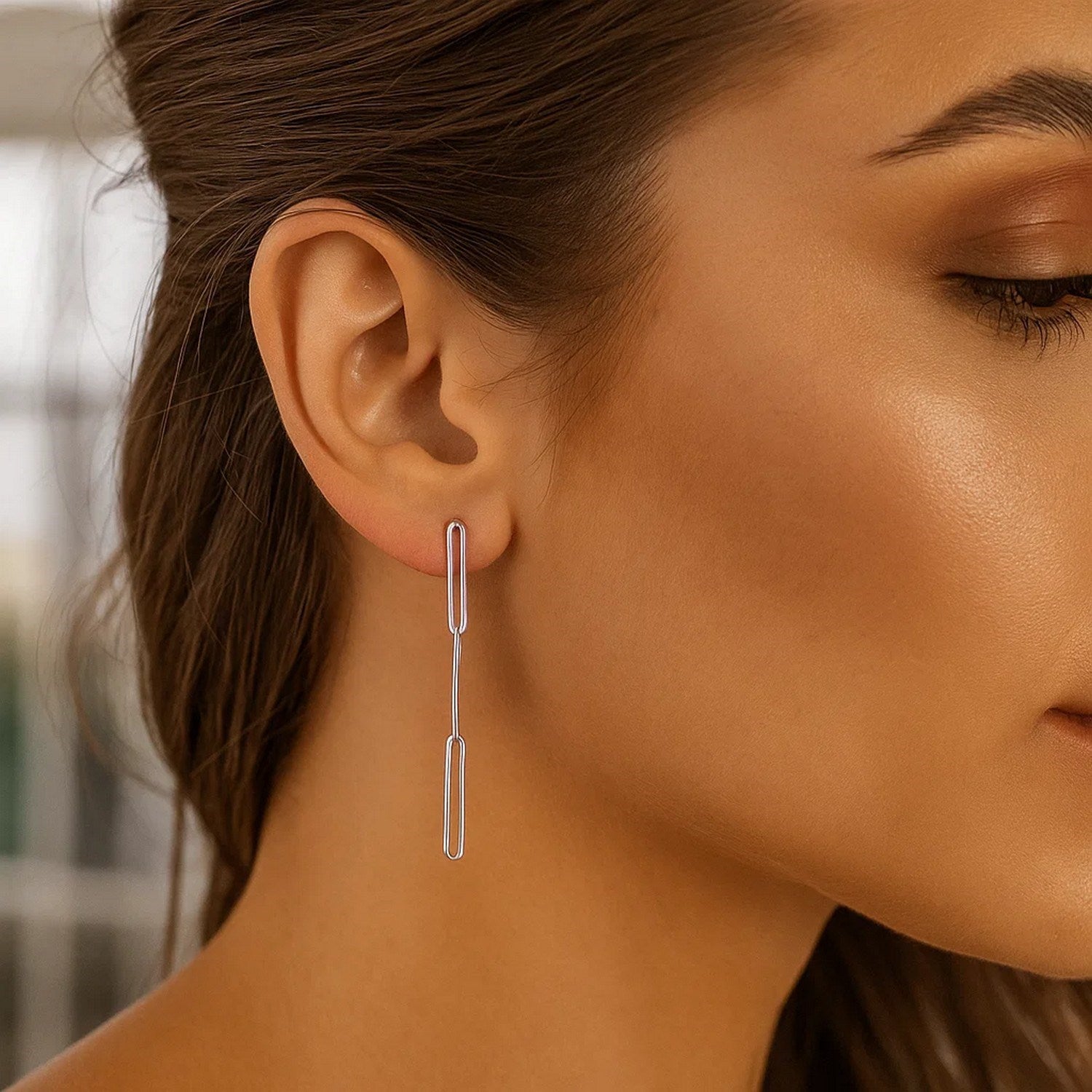 14K White Gold Lungo Paperclip Drop Earrings