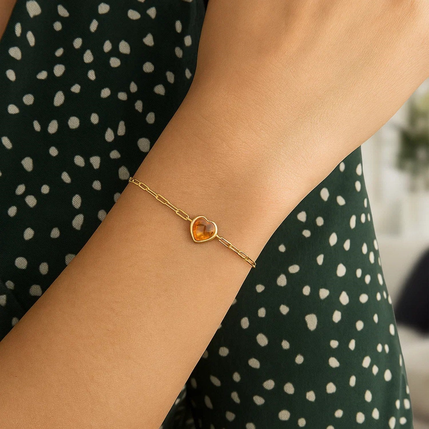 14K Yellow Gold Citrine Heart Bracelet (1.50 mm)