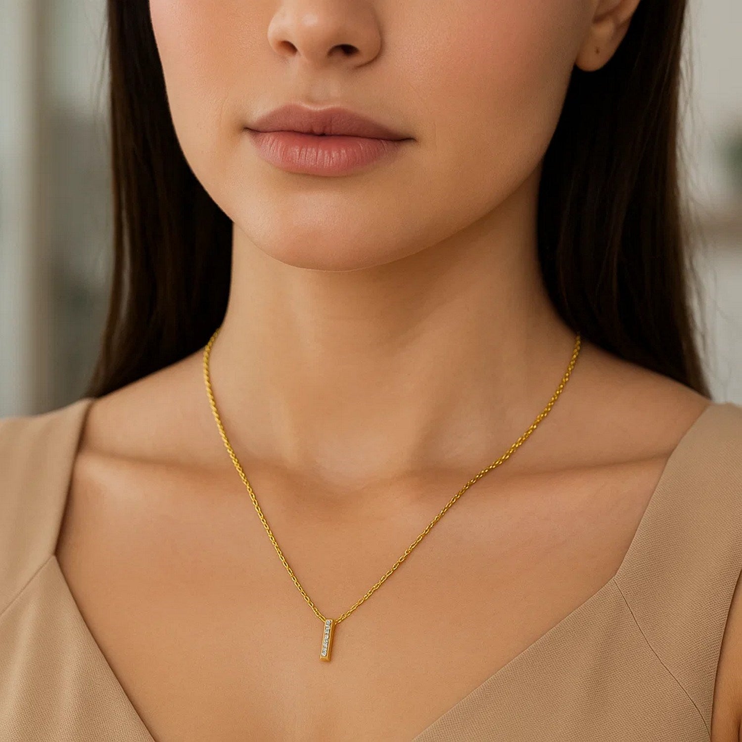 14K Yellow Gold Mini Diamond I Initial Pendant Necklace