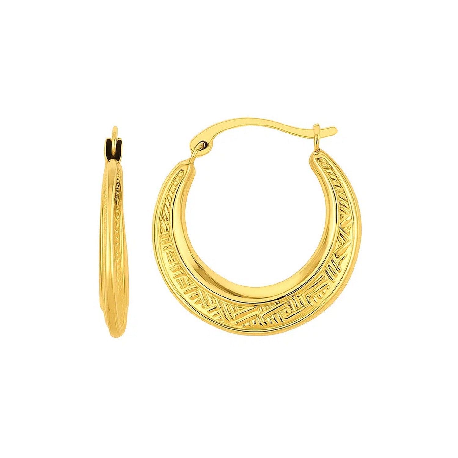 14K Yellow Gold Diamond Cut Etched Pattern Hoop Earrings