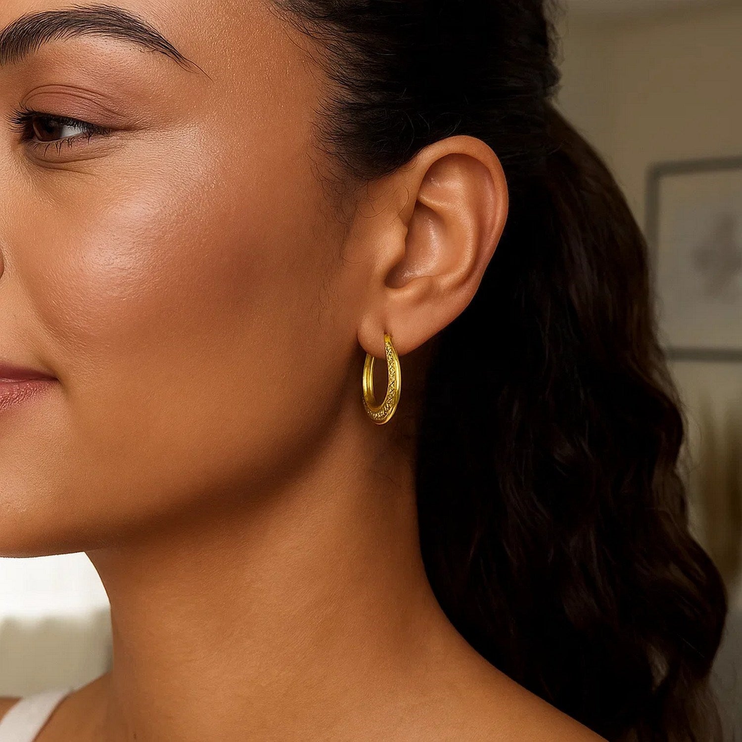 14K Yellow Gold Diamond Cut Etched Pattern Hoop Earrings