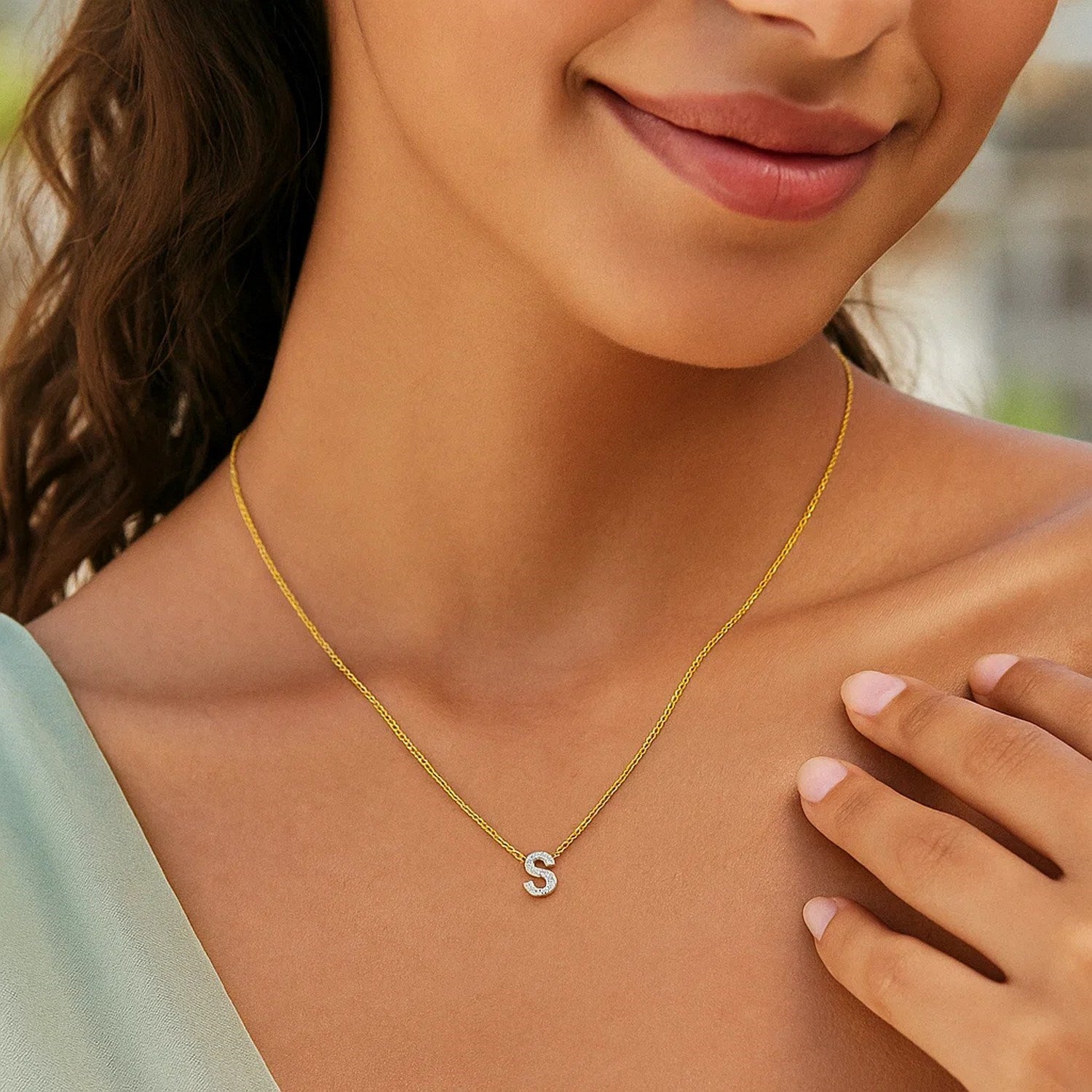 14K Yellow Gold Mini Diamond S Initial Pendant Necklace