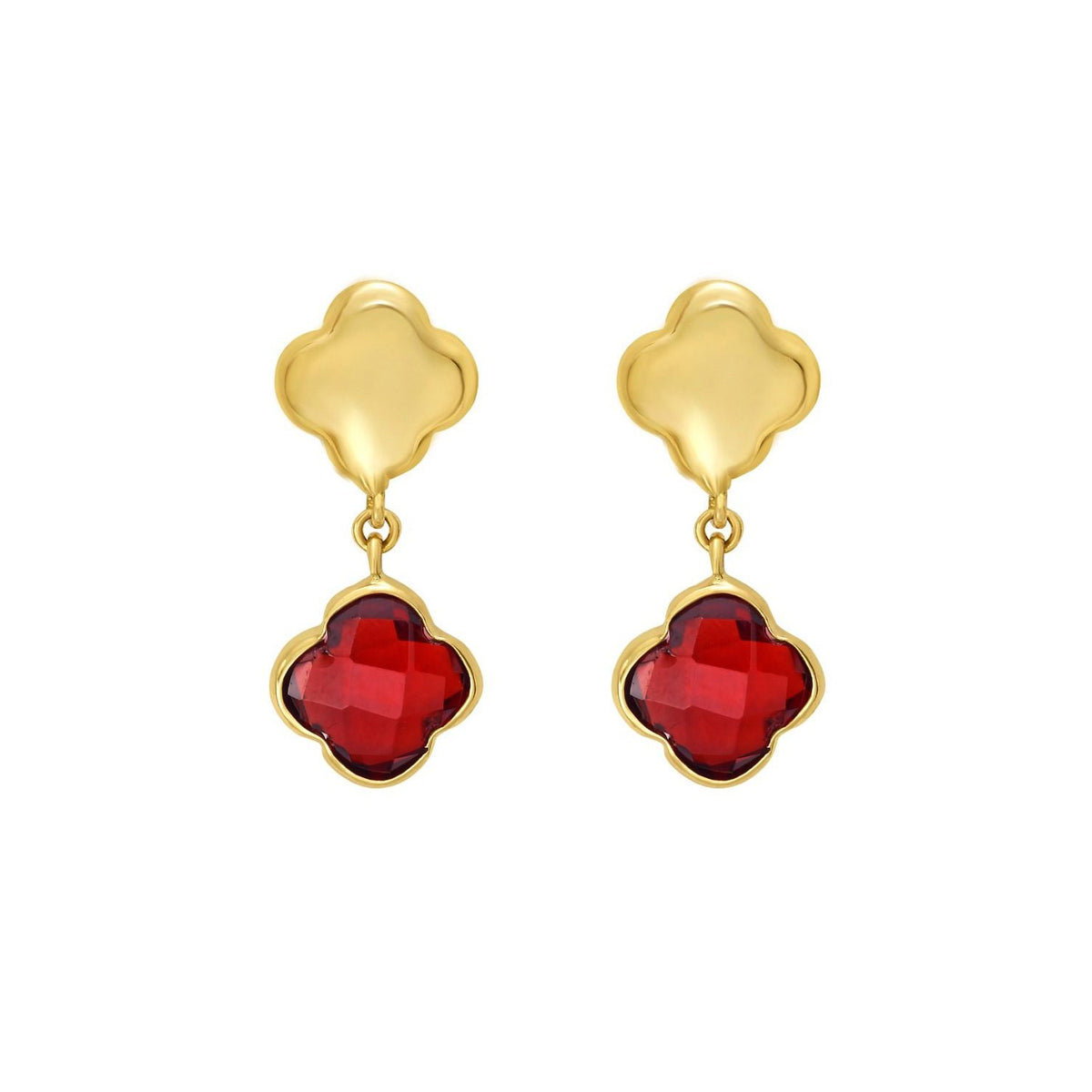 14K Yellow Gold Garnet Clover Gem Earrings