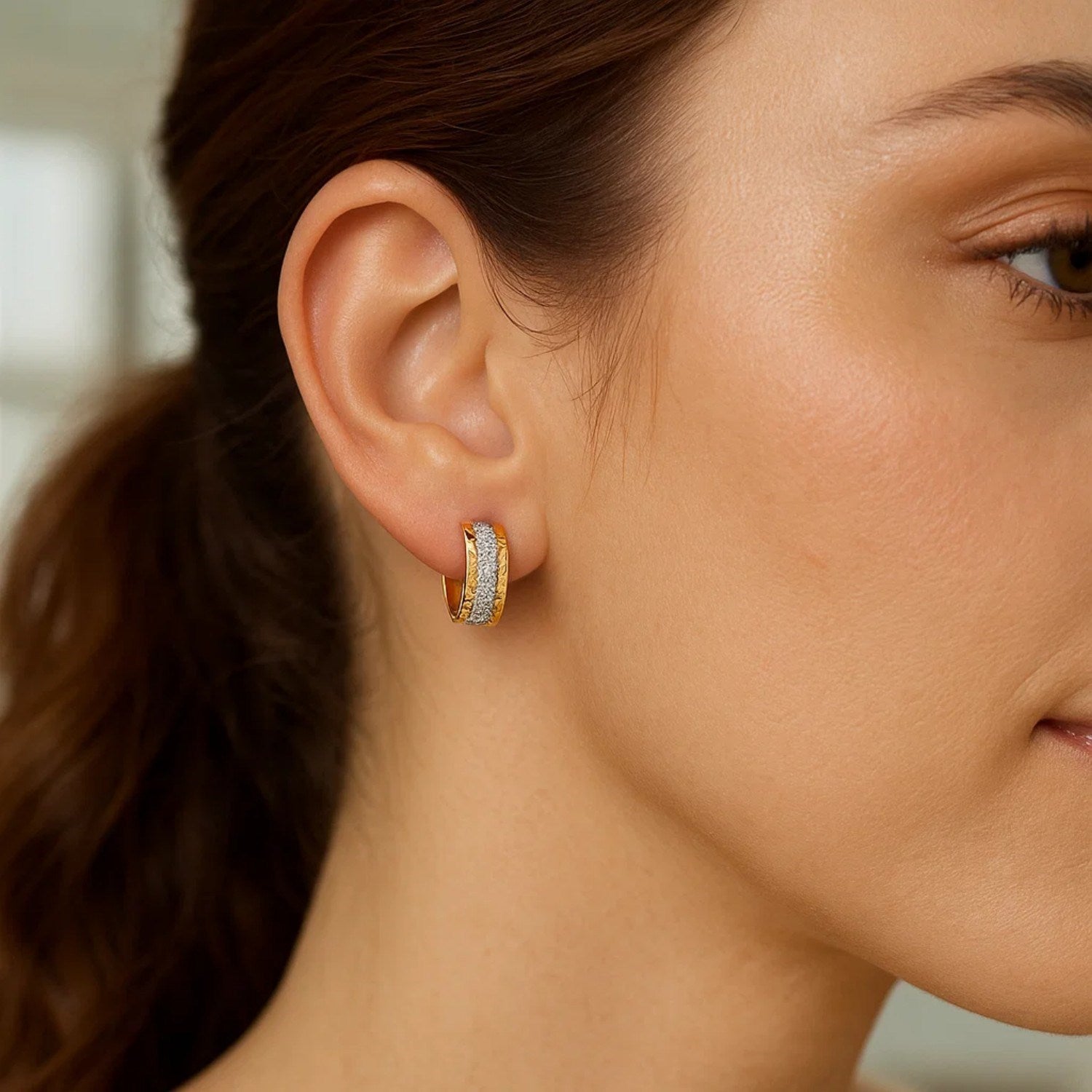 14K Two Tone Gold Center Huggie Earrings