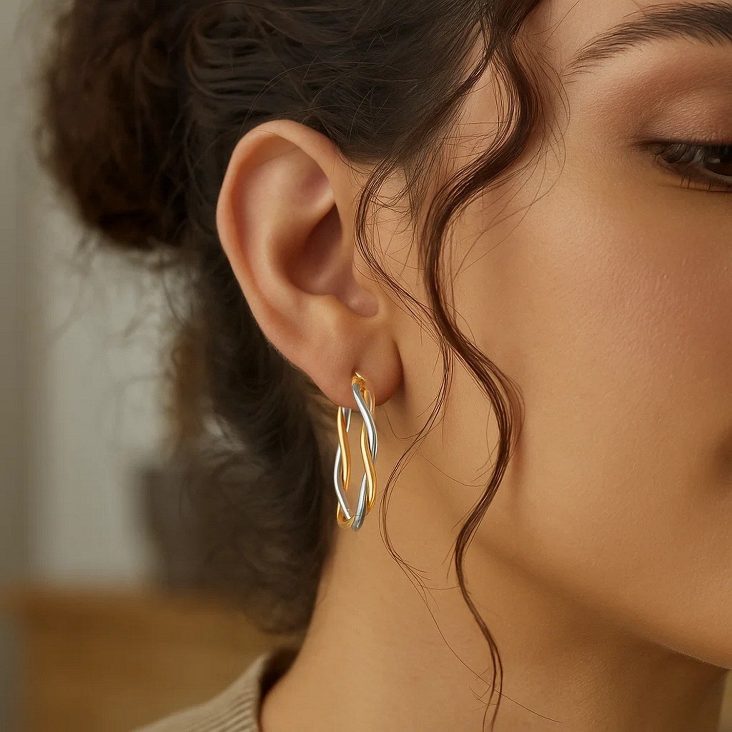 10K Two Tone Gold Oval Twist Hoop Earrings