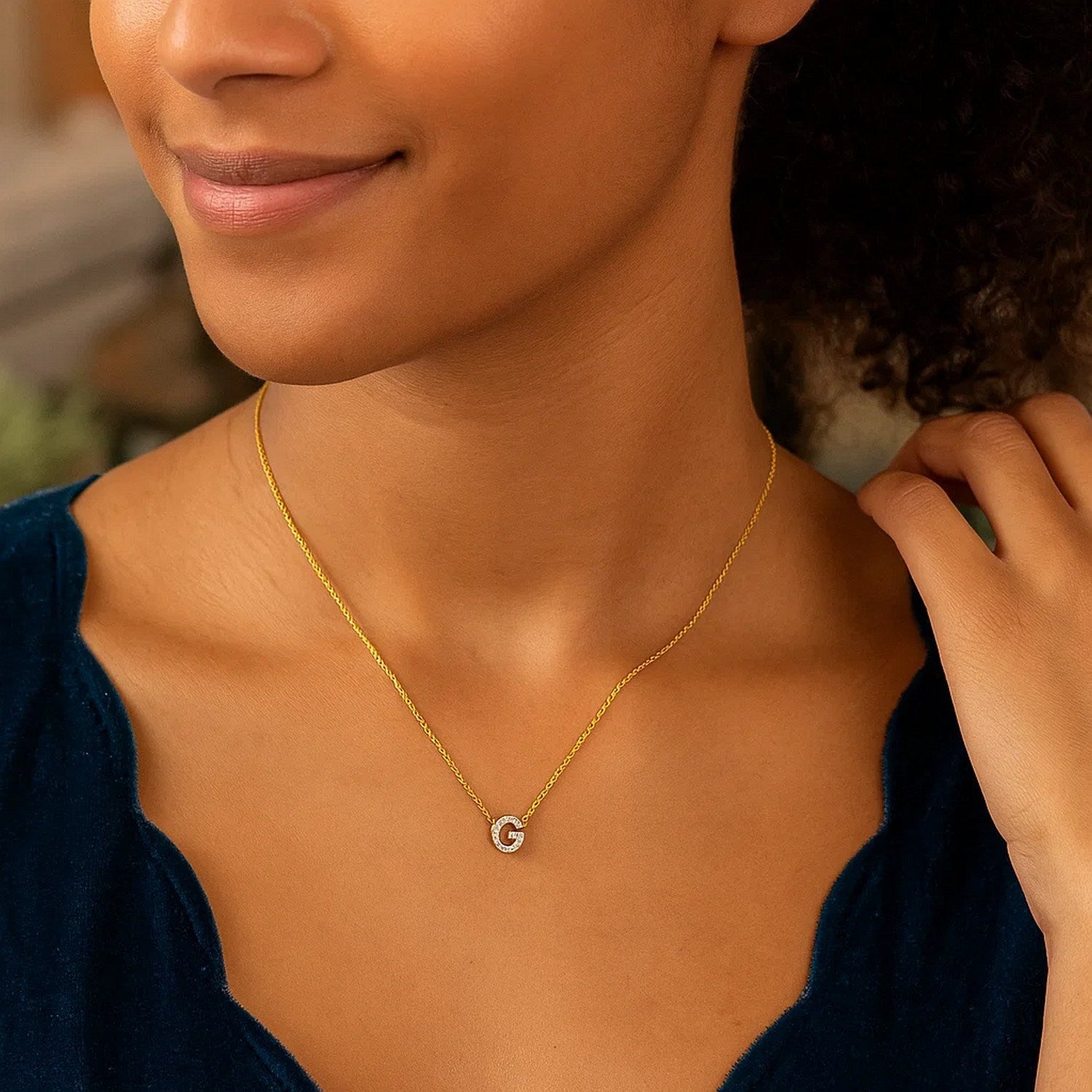 14K Yellow Gold Mini Diamond G Initial Pendant Necklace