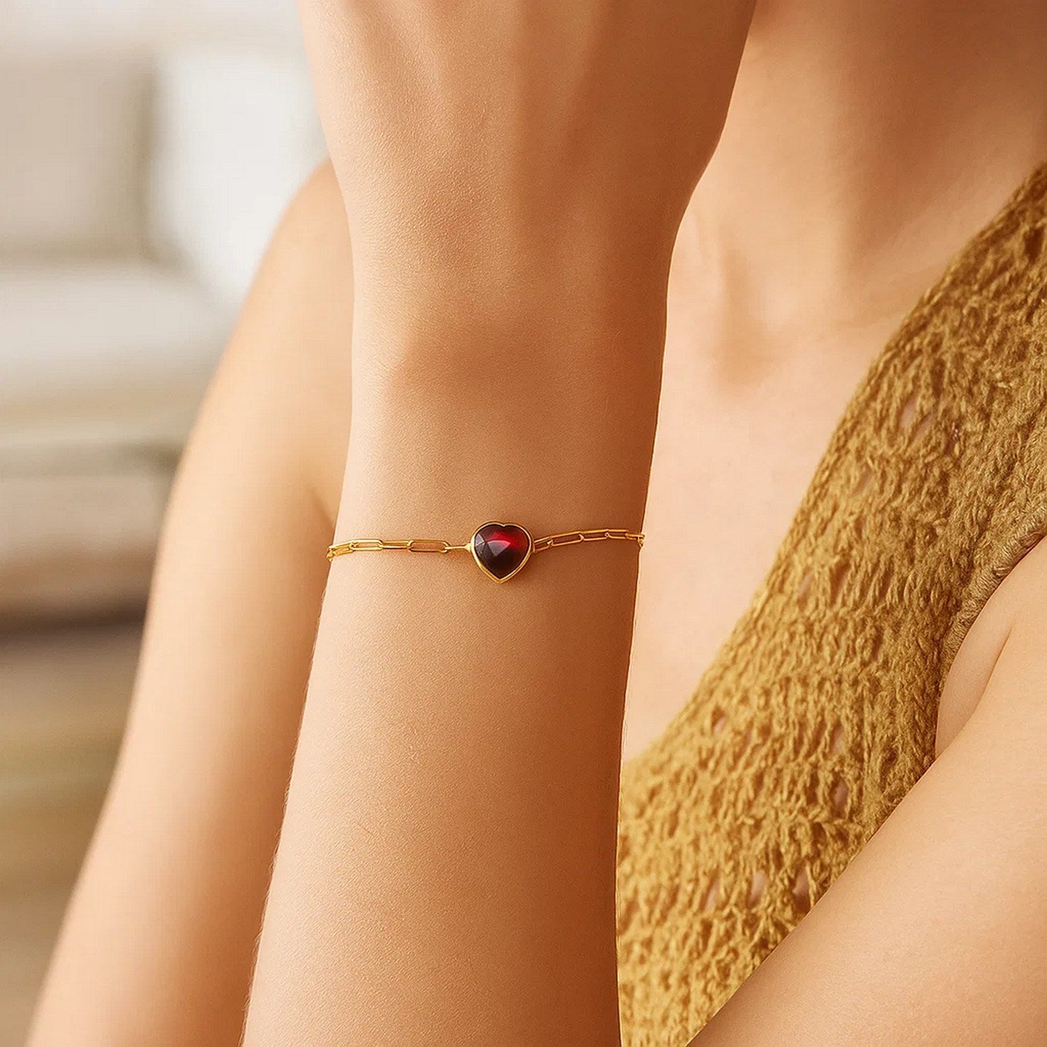 14K Yellow Gold Garnet Heart Bracelet