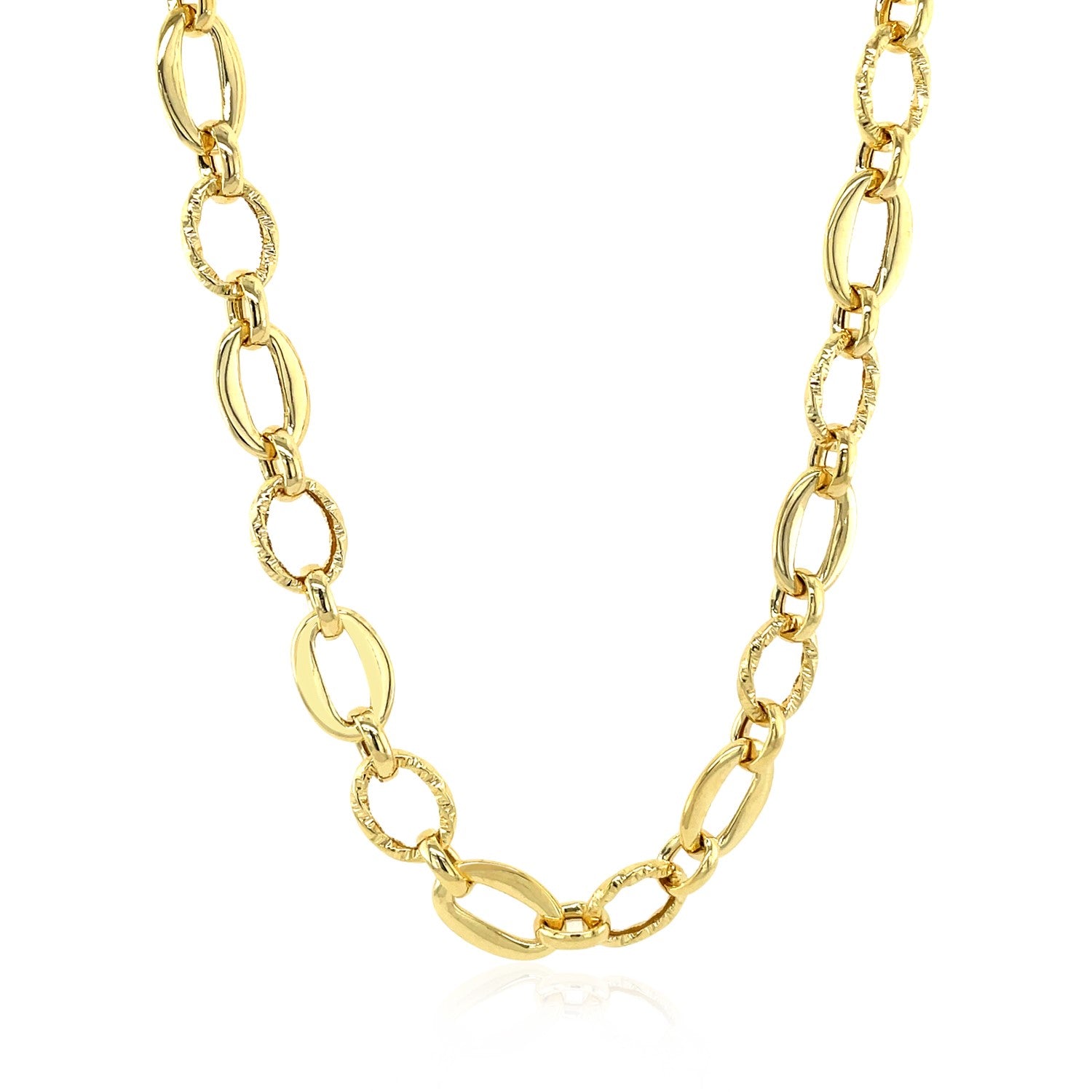 Shiny and Textured Oval Link Necklace in 14k Yellow Gold - Lindove