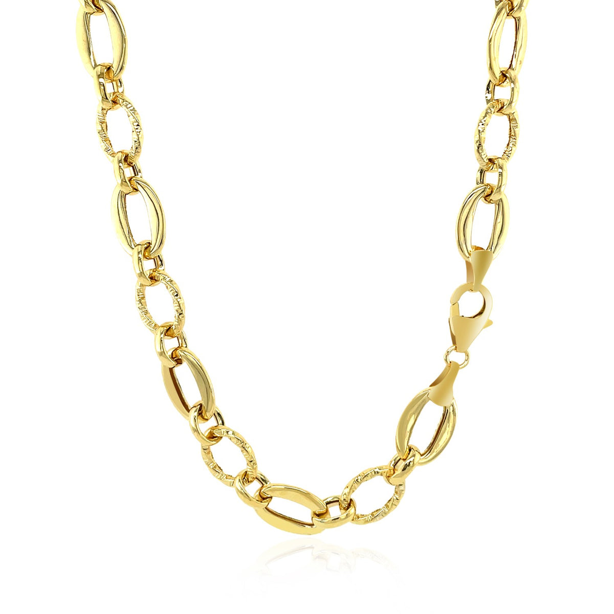 Shiny and Textured Oval Link Necklace in 14k Yellow Gold - Lindove