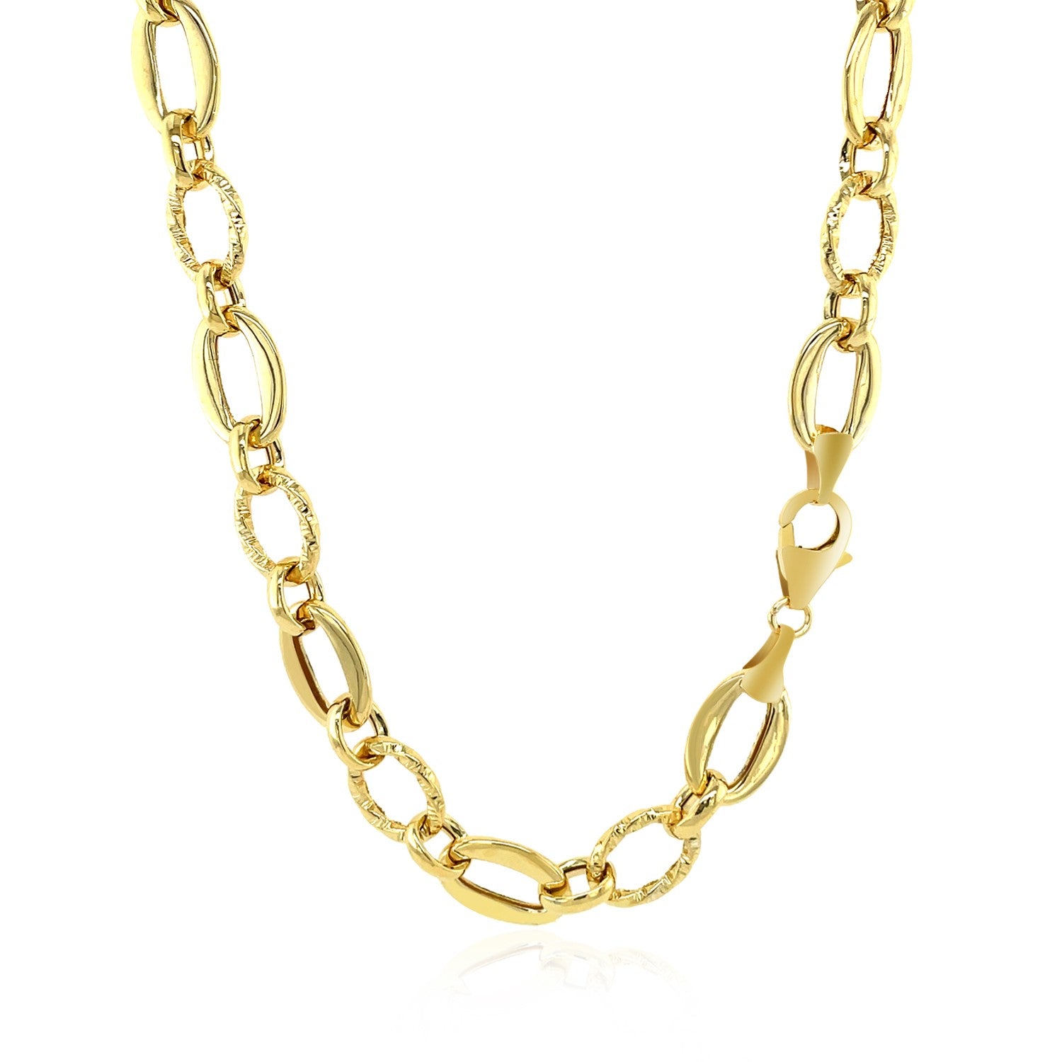 Shiny and Textured Oval Link Necklace in 14k Yellow Gold - Lindove