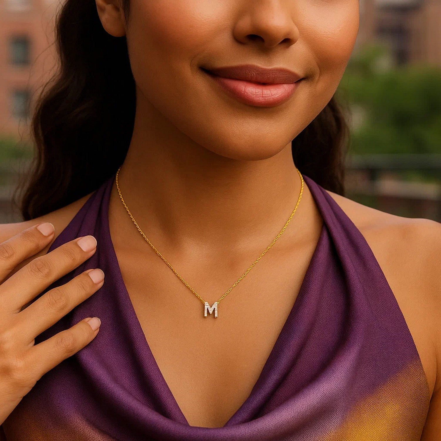 14K Yellow Gold Mini Diamond M Initial Pendant Necklace