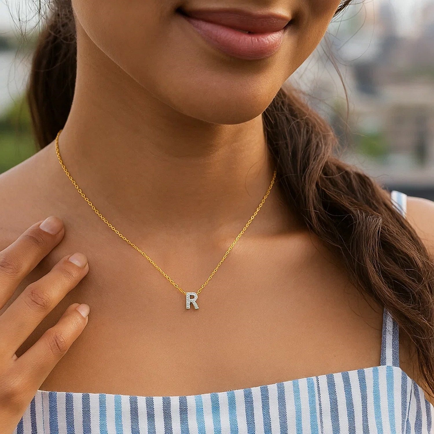 14K Yellow Gold Mini Diamond R Initial Pendant Necklace