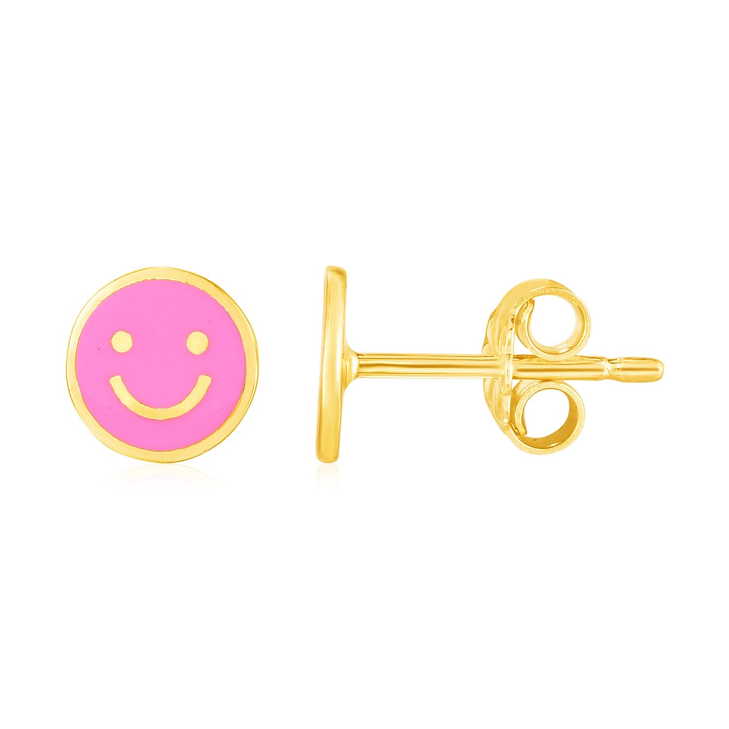 14k Yellow Gold and Enamel Pink Smiley Face Stud Earrings(6.8mm) - Lindove