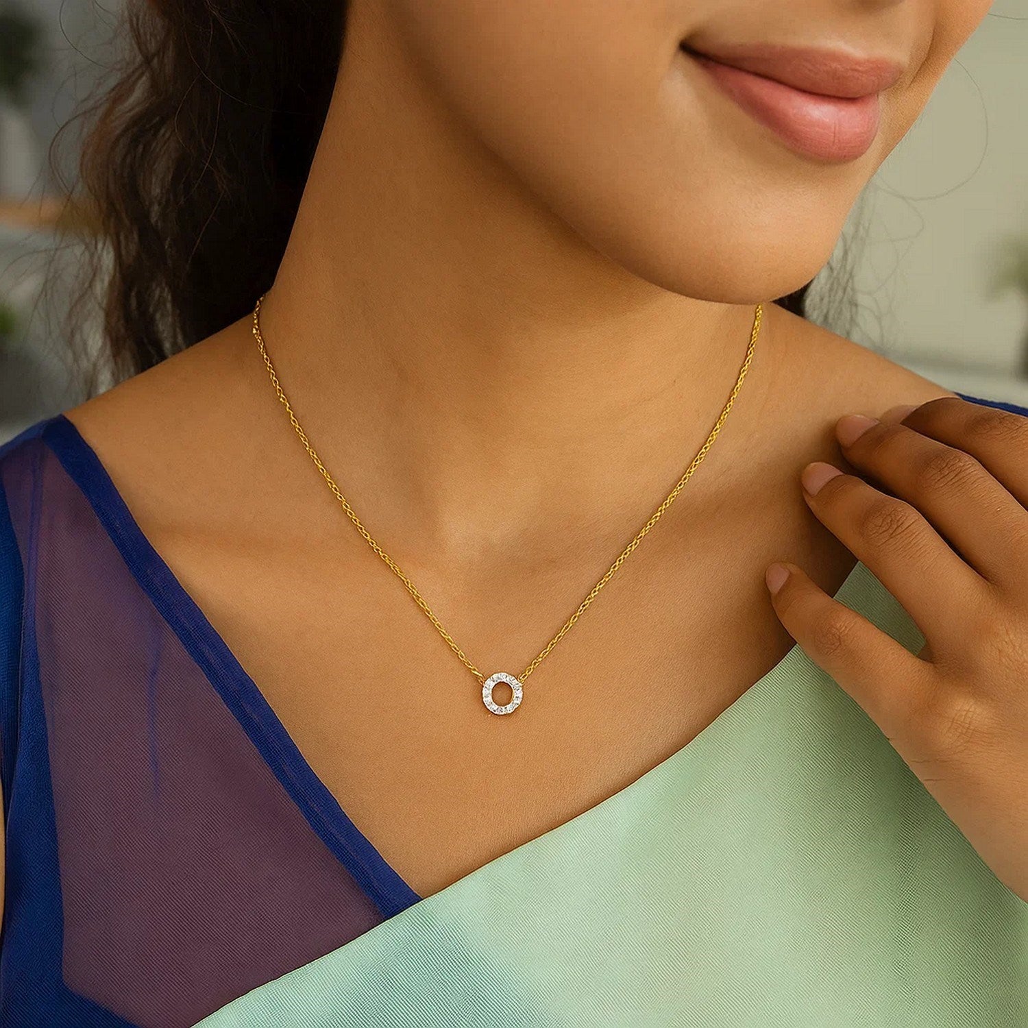 14K Yellow Gold Mini Diamond O Initial Pendant Necklace