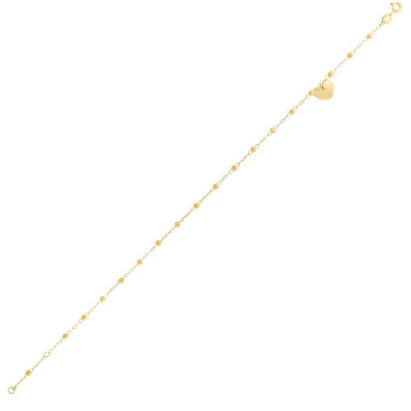 14K Yellow Gold Dangle Heart and Bead Station Anklet