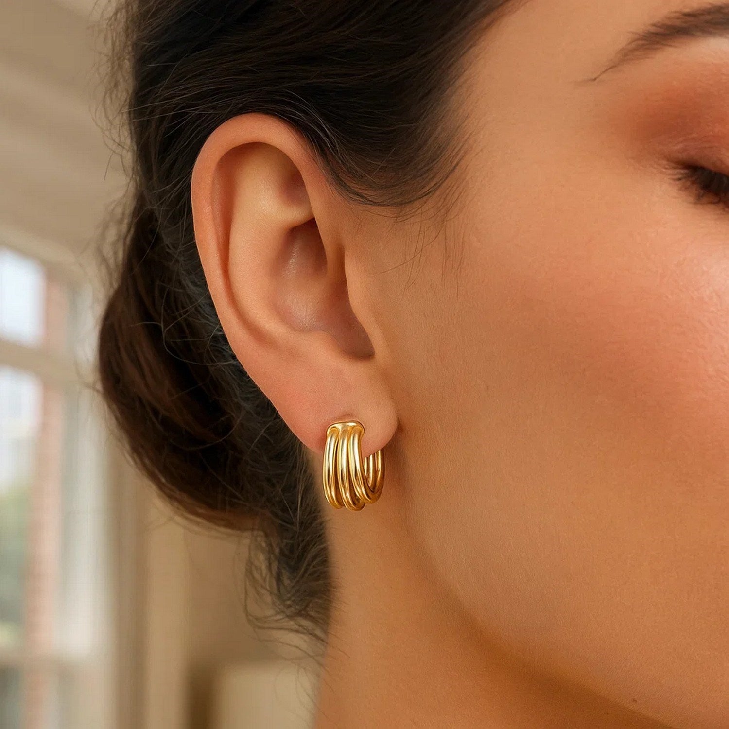 14K Yellow Gold Large Triple Row Hoop Earrings (15.00 mm)