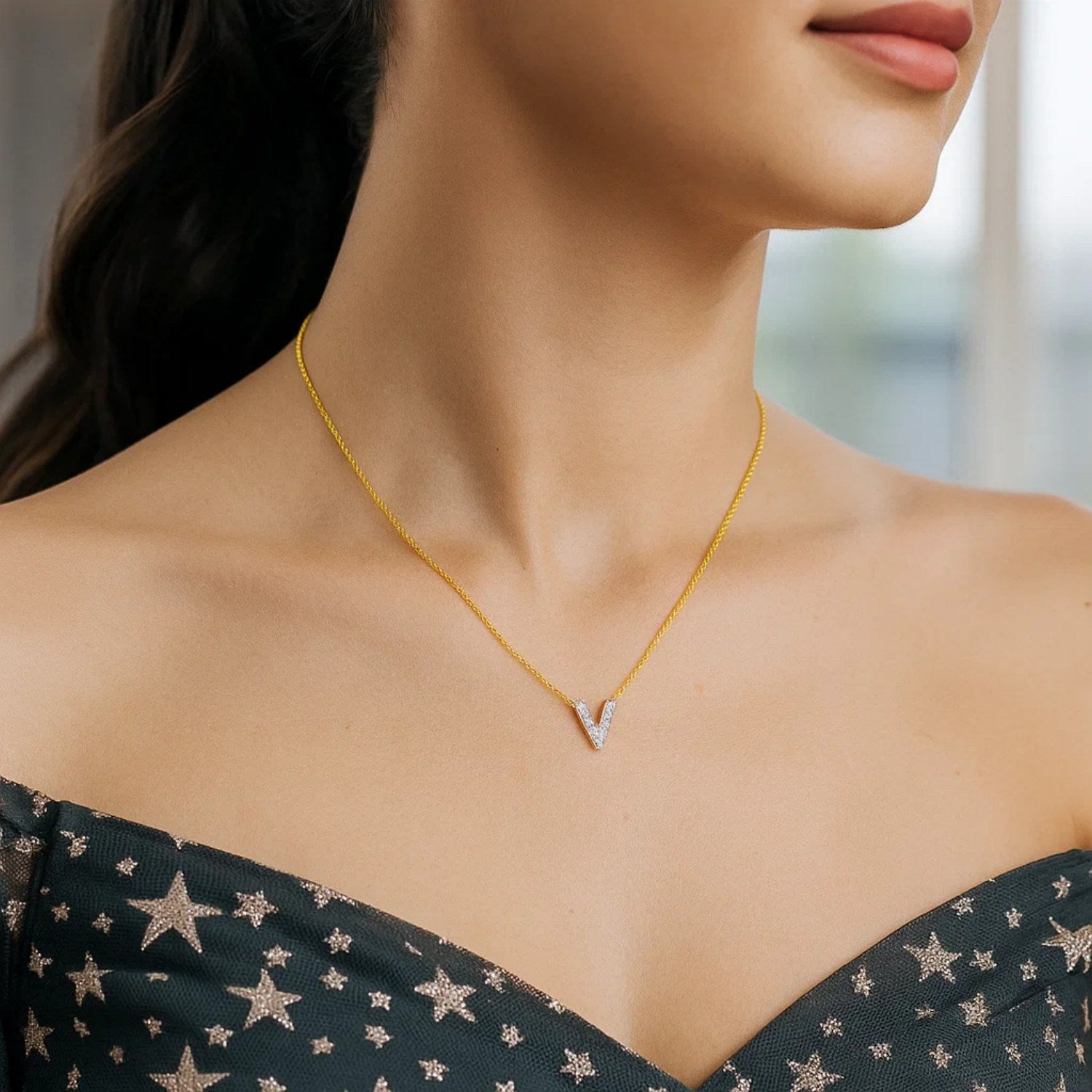 14K Yellow Gold Mini Diamond V Initial Pendant Necklace