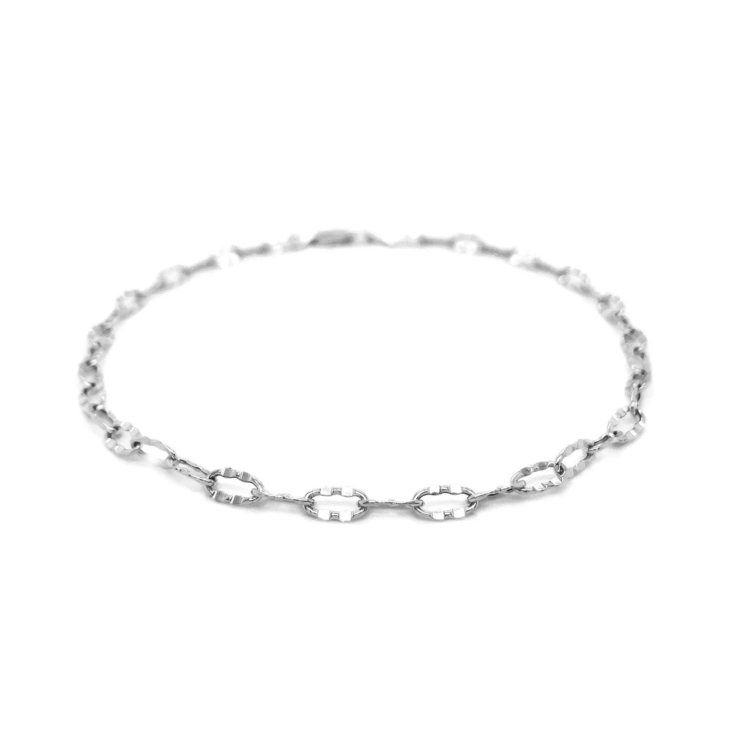 14k White Gold Anklet with Fancy Hammered Oval Links