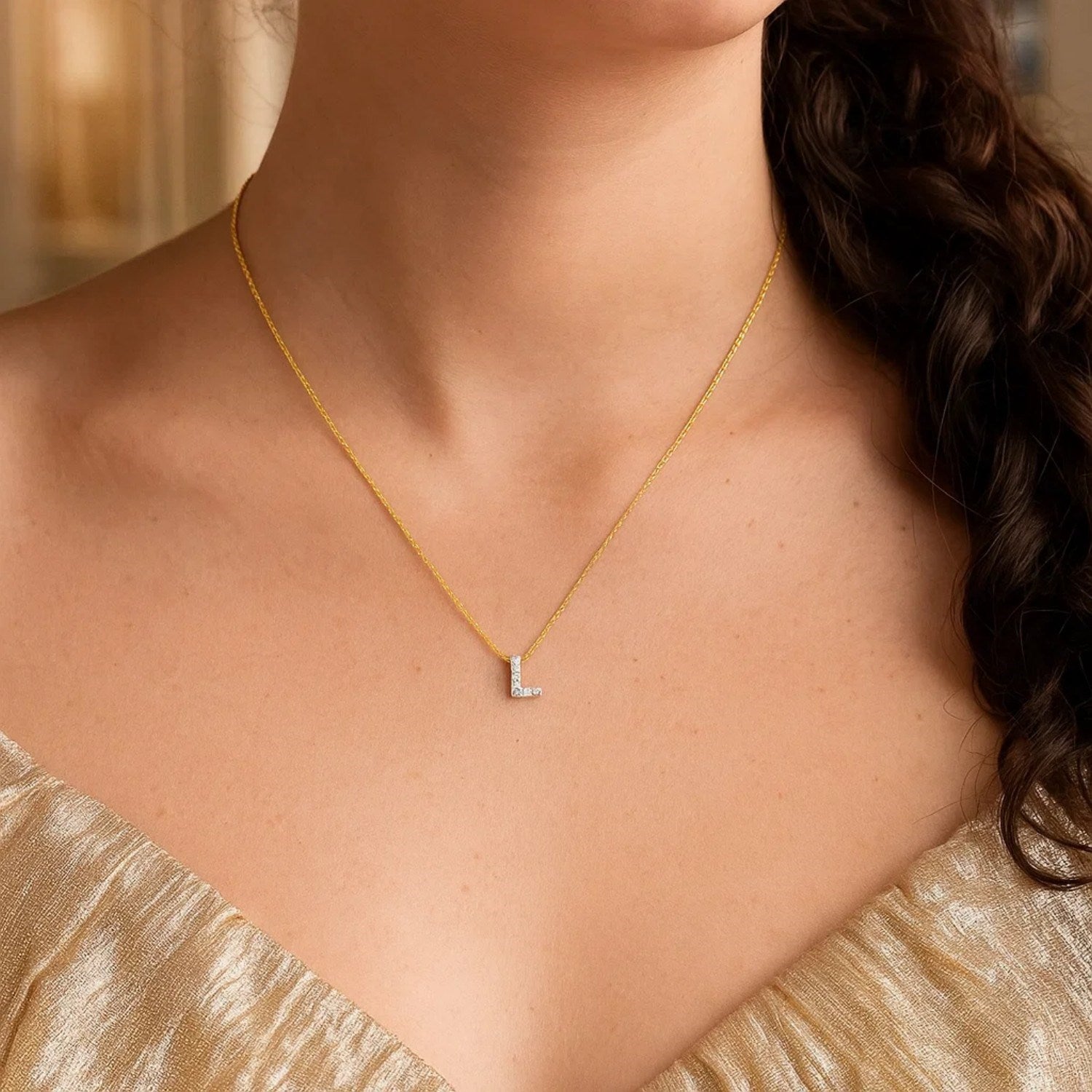 14K Yellow Gold Mini Diamond L Initial Pendant Necklace