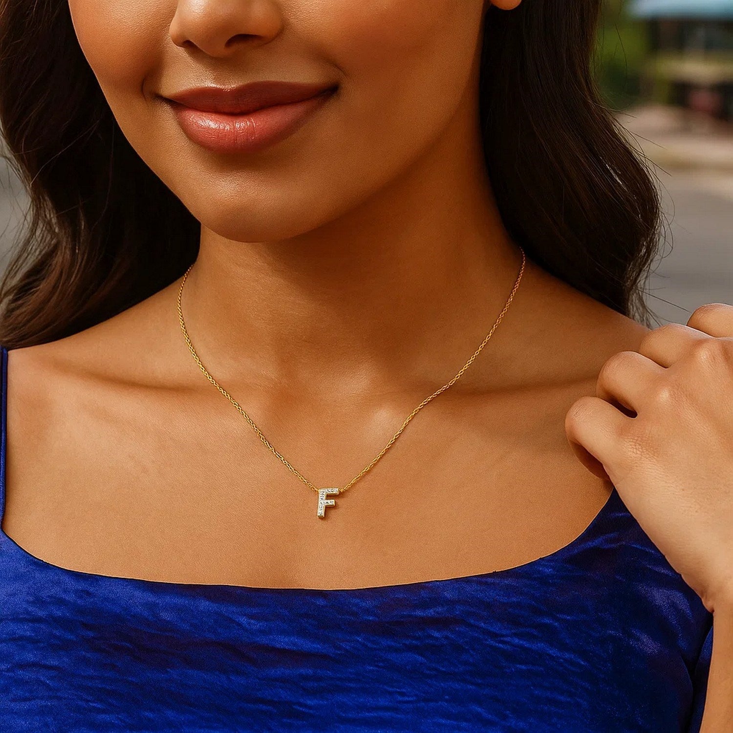 14K Yellow Gold Mini Diamond F Initial Pendant Necklace